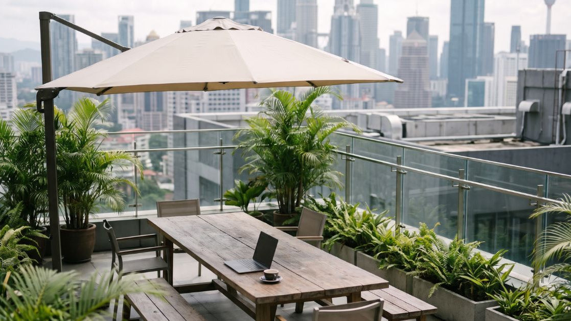 Outdoor shade structures for Malaysian co-working and office terraces - Umbrello Malaysia