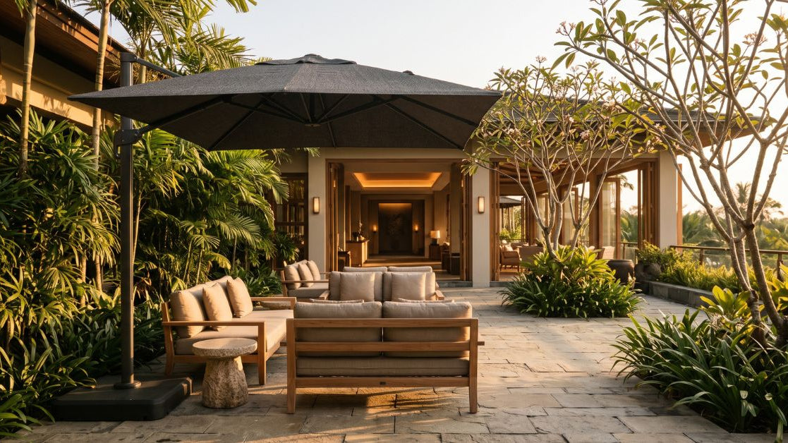 Outdoor shading for Malaysian hotel lobbies and entrance areas - Umbrello Malaysia
