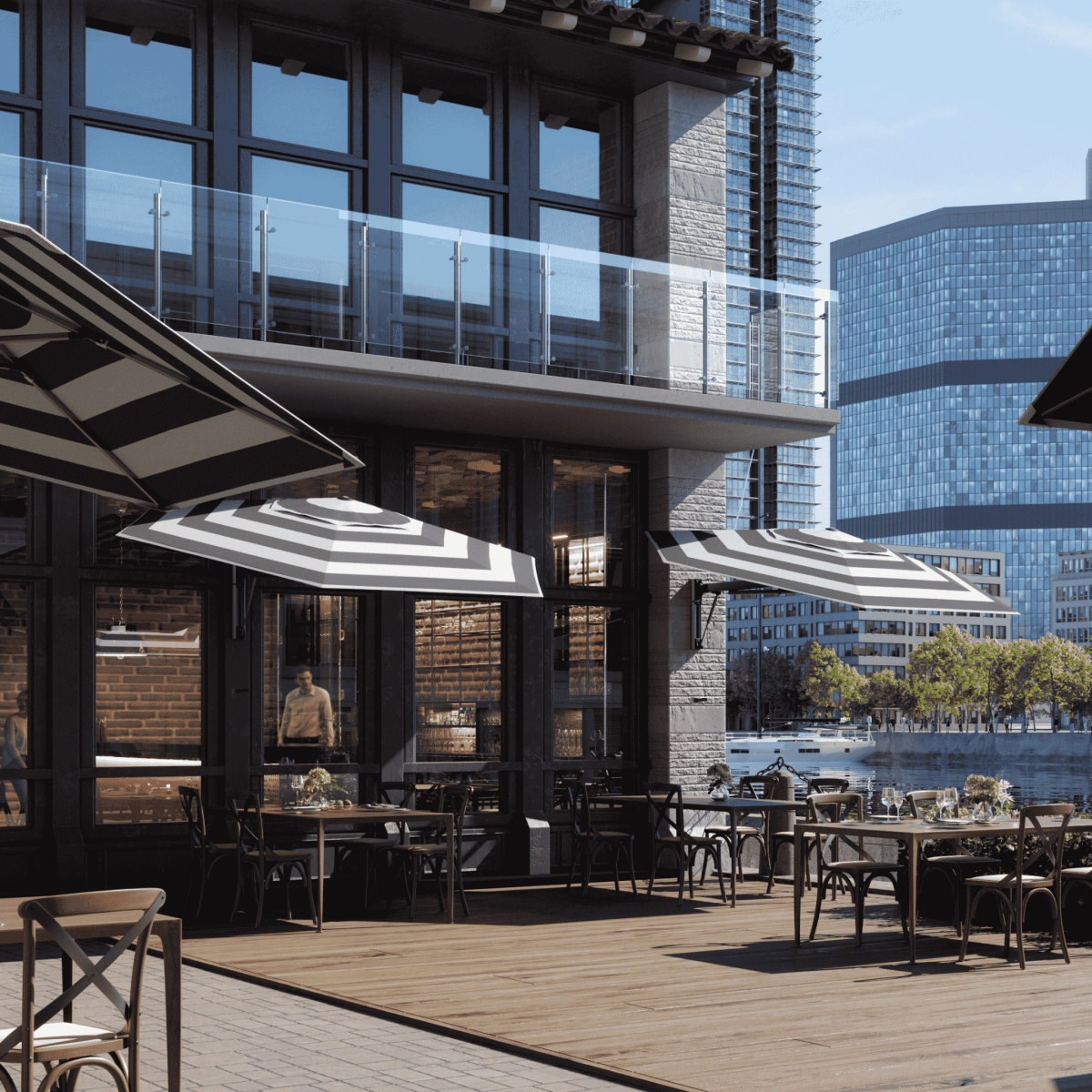 Shadowspec Retreat Wall Mounted umbrella at restaurant outdoor dining area