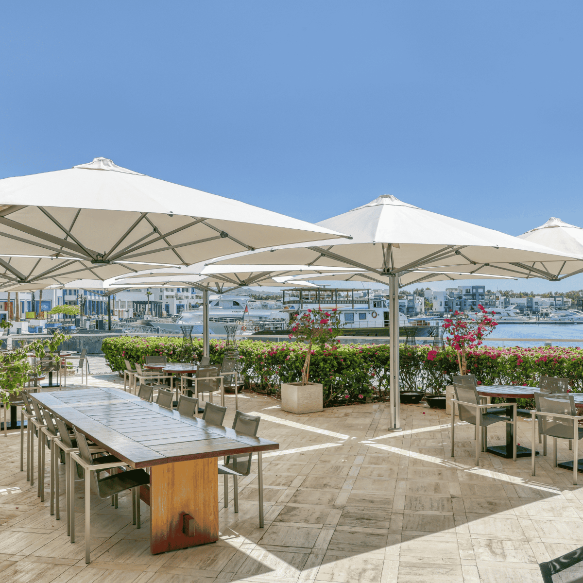 Shadowspec Unity Trio Multi-Canopy Cantilever umbrellas at restaurant outdoor dining area