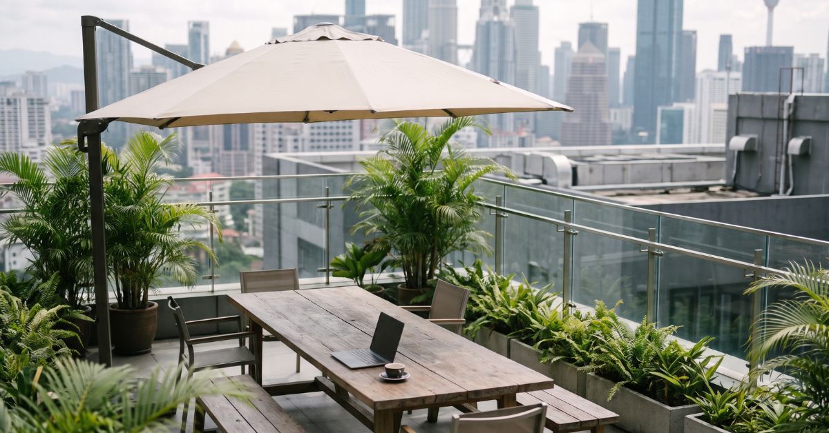 Outdoor shade structures for Malaysian co-working and office terraces - Umbrello Malaysia
