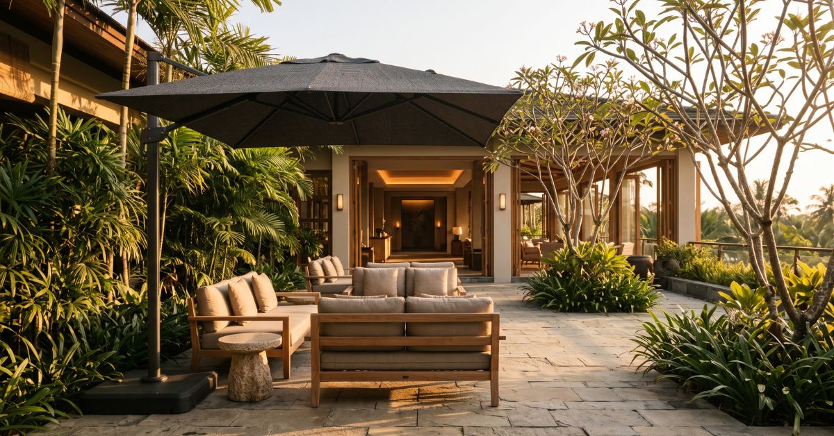 Outdoor shading for Malaysian hotel lobbies and entrance areas - Umbrello Malaysia