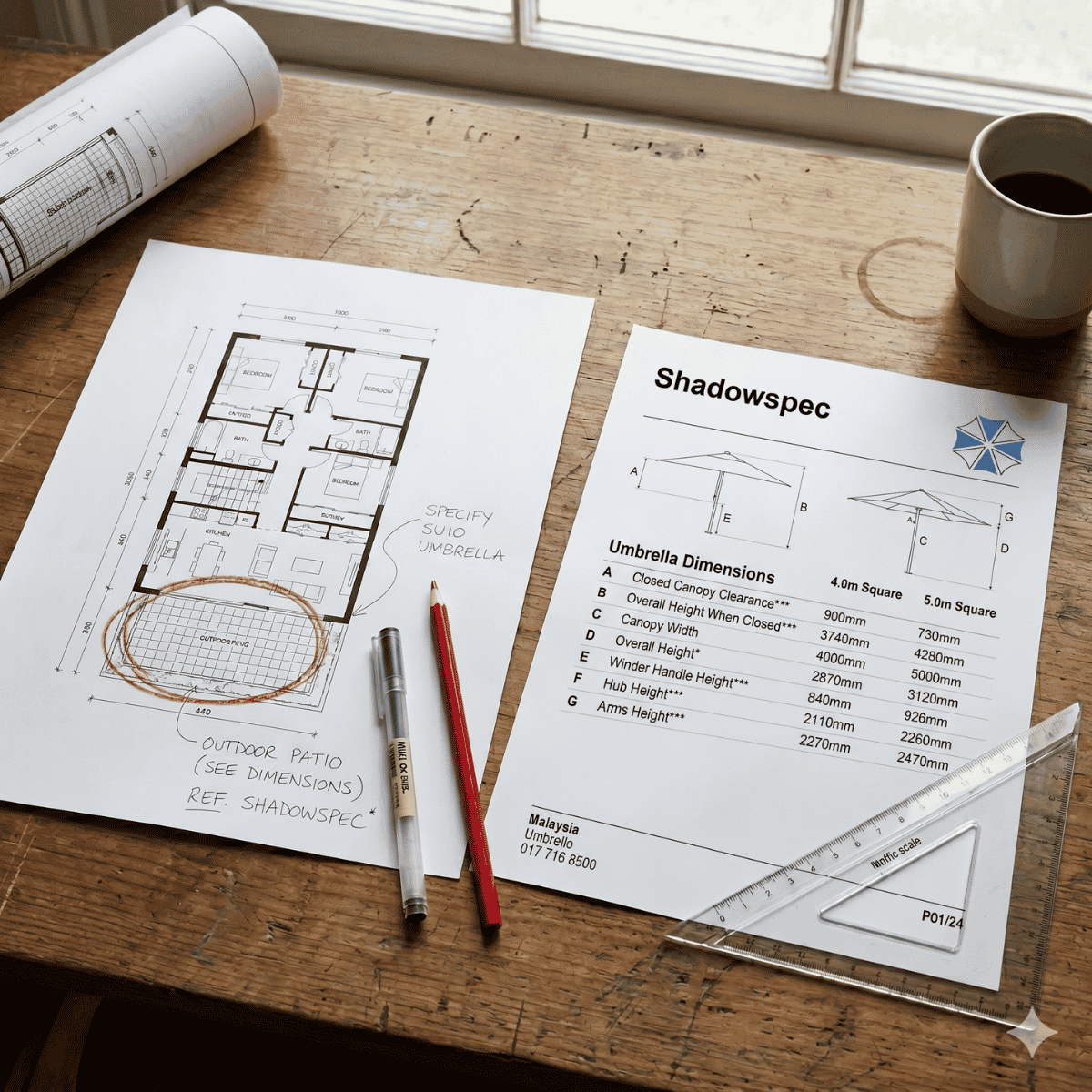 Desk with architectural plans, a cup of coffee, and Shadowspec blueprints and specification sheets on a wooden surface.