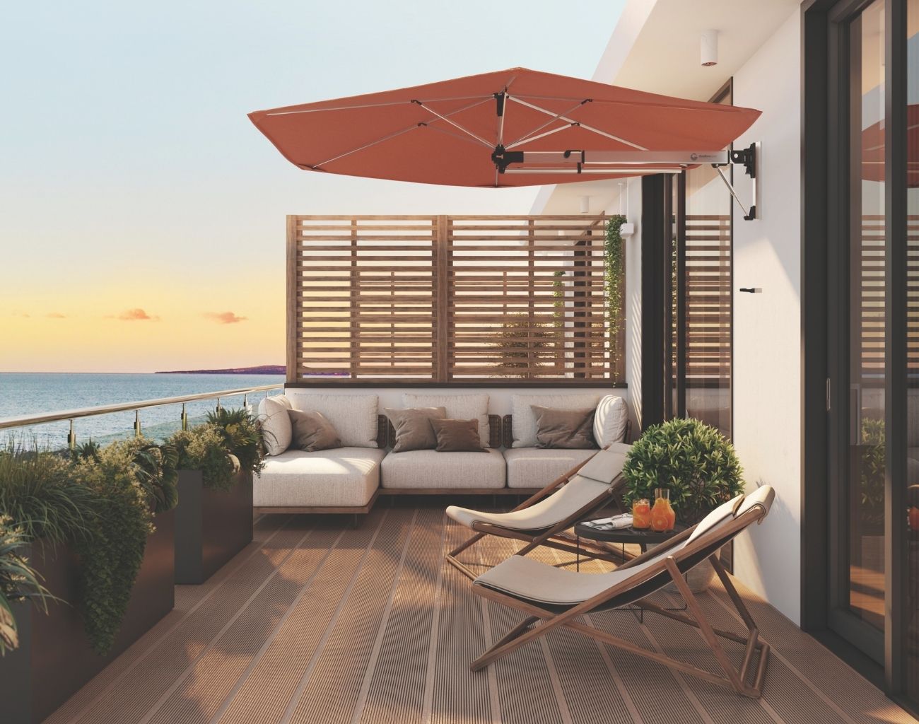 Shadowspec Retreat umbrella at a balcony residential setting overlooking scenic view