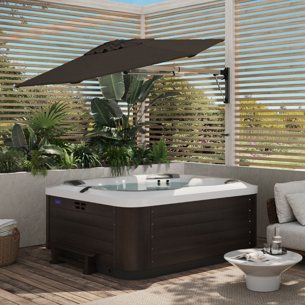 Shadowspec Retreat umbrella with an outdoor spa in a residential setup