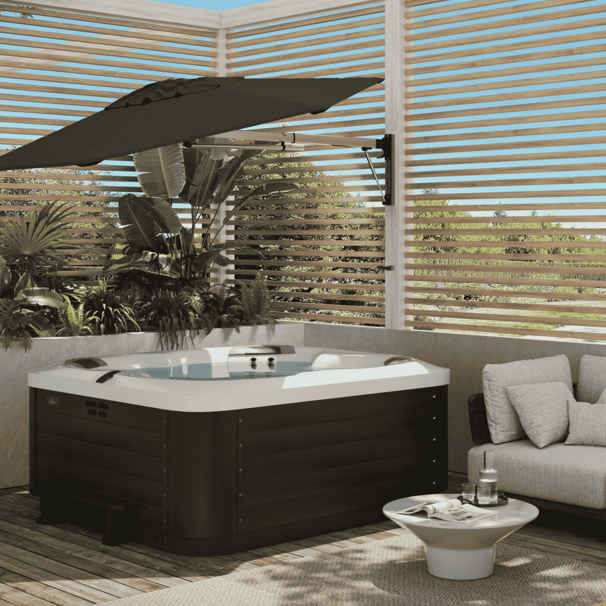 Shadowspec Retreat Wall Mounted umbrella at outdoor spa on patio