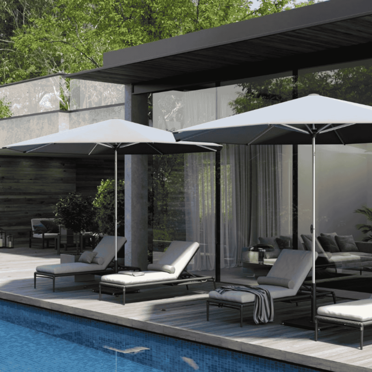 Two Shadowspec Oasis Cafe and Resort Center Pole Umbrellas with 2.7m Octagonal canopies around a residential pool